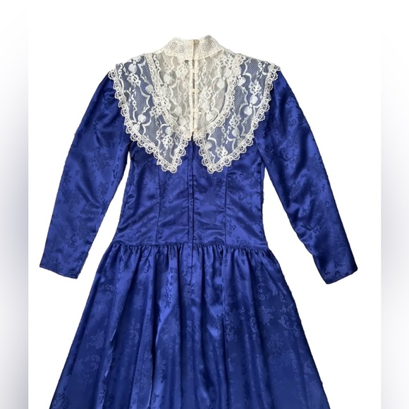 Gunne Sax • Jessica McClintock Vintage Prairie Dress Lace Smock Neck Long Sleeve - Picture 6 of 11